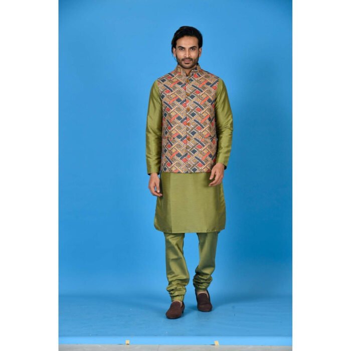 Hello Hi Multi-Colour Premium Quality Silk Kurta with Churidar and Nehru Jacket (Set of 3)