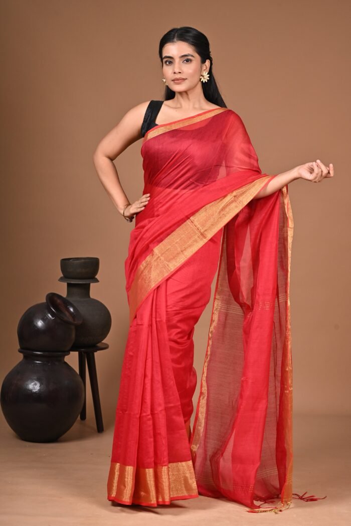Women's Red Linen Self Design Saree