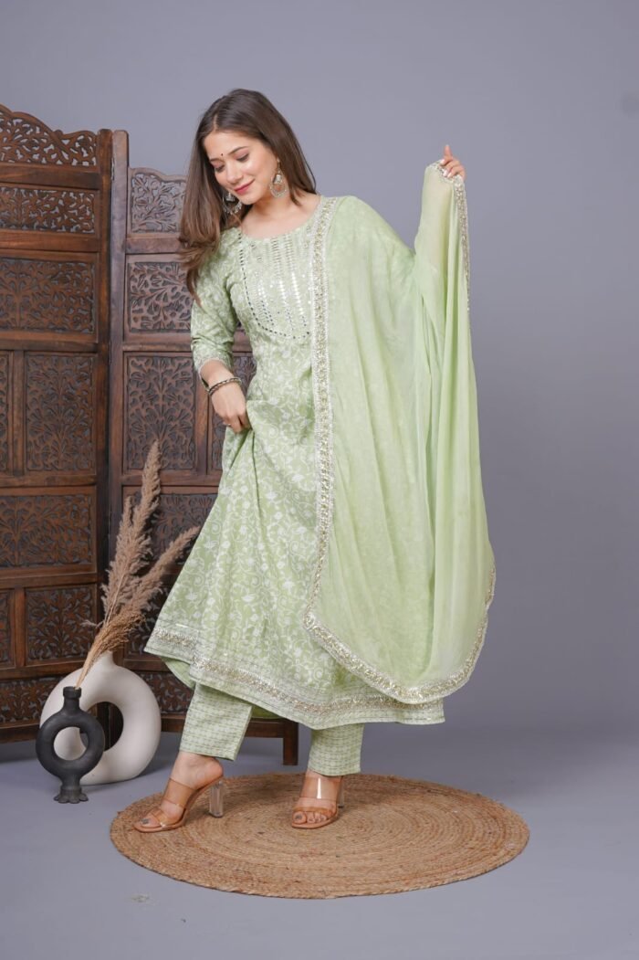 Women's Anarkali Rayon Printed Embroidered Kurta With Pant And Dupatta