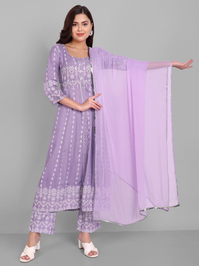 Women's Rayon Printed Embroidered Anarkali Kurta And Pant With Chiffon Dupatta Set