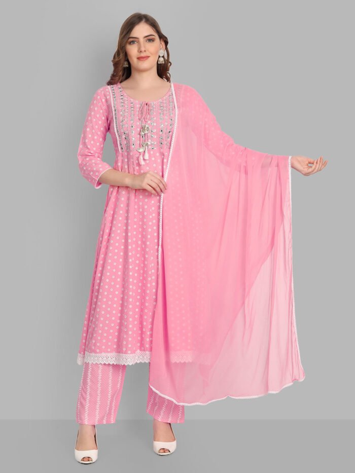 Women's Pink Rayon Anarkali Printed Embroidered Kurta With Pant And Dupatta