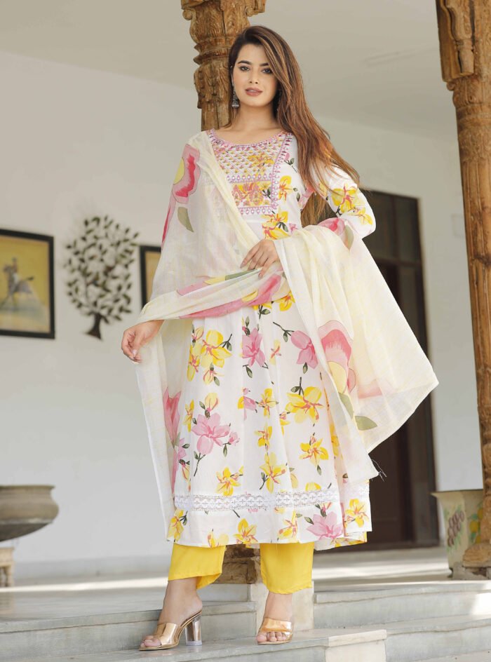 Women's Anarkali Rayon Printed Embroidered Kurta With Pant And Dupatta