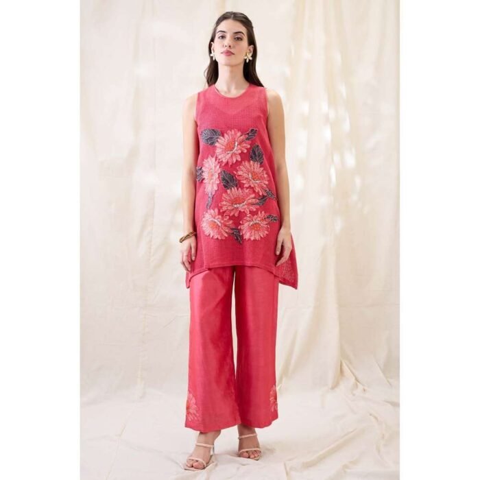 Hello Hi Pink Ravya Appliqued Floral Print Co-Ord (Set of 2)