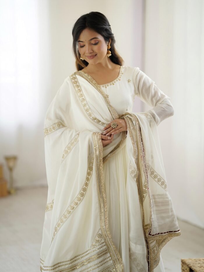 Women's White Chinon Silk Thread With sequence Work Anarkali Set