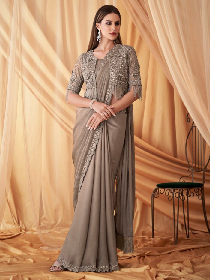 Women's Georgette Grey Embellished Designer Saree With Blouse Piece