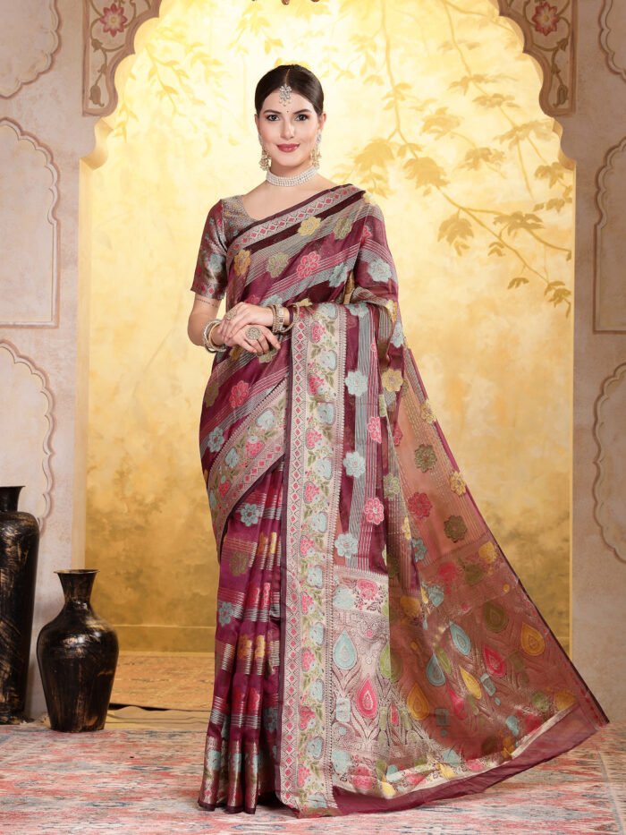 women's Wine Organza saree