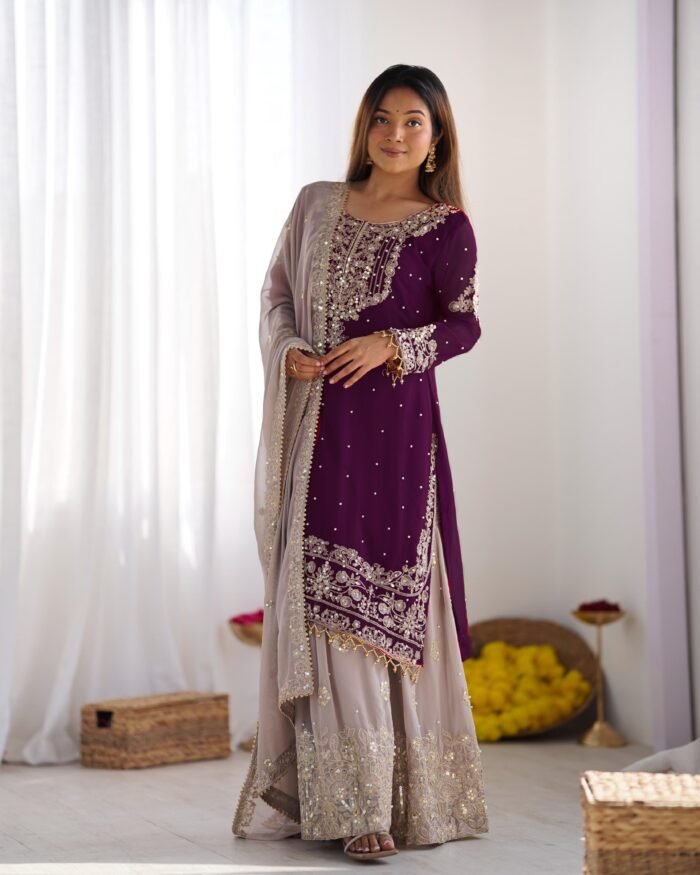Women's Wine Faux Georgette Thread Sequence Embroidery  Pakistani Suit