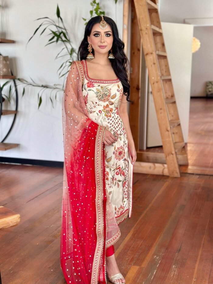 Women's Cream Dull Satin Thread Sequence Embroidery  Pakistani Suit