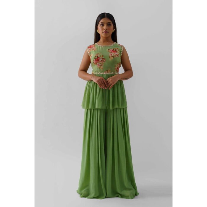 Hello Hi Womens Green Floral Print Peplum Top and Palazzo (Set of 2)