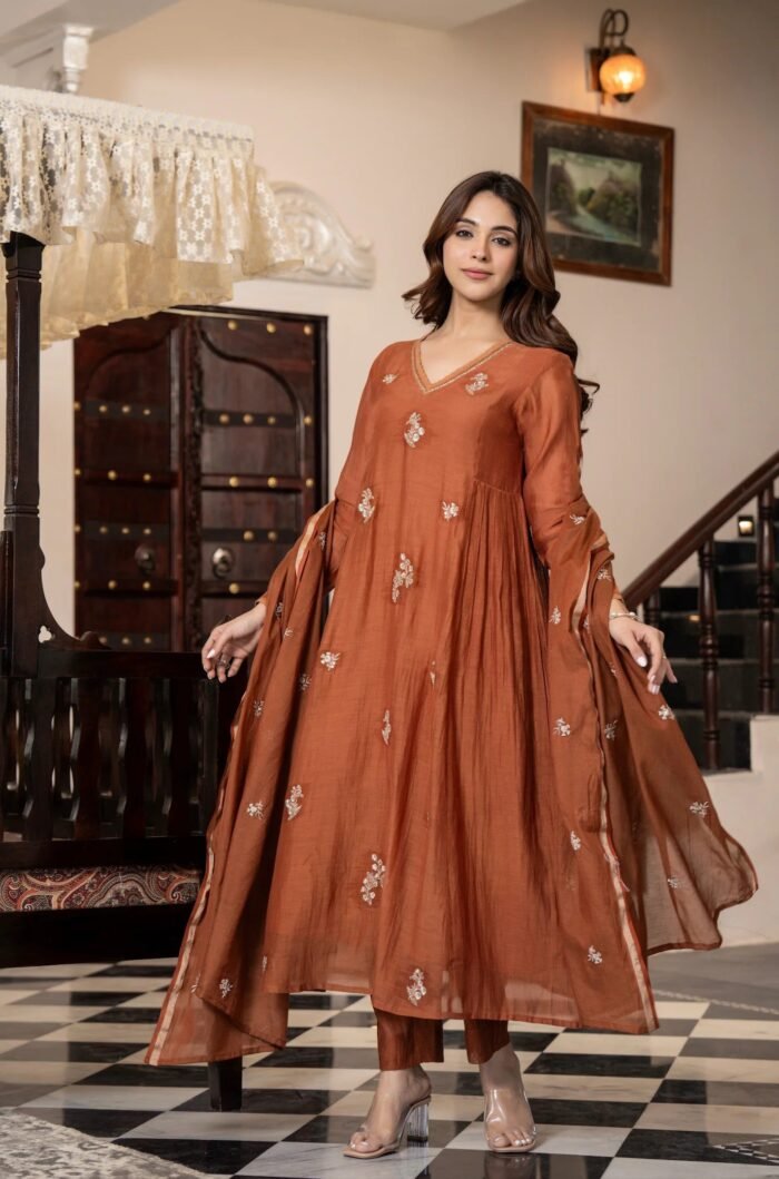 Women's Silk Embroidery Anarkali Kurta And Pant Set With Dupatta