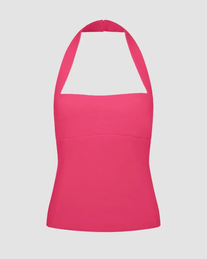 Sleek Fit Halter Neck Top In Hot Pink