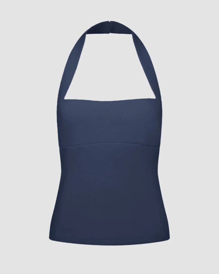 Sleek Fit Halter Neck Top In Navy Blue