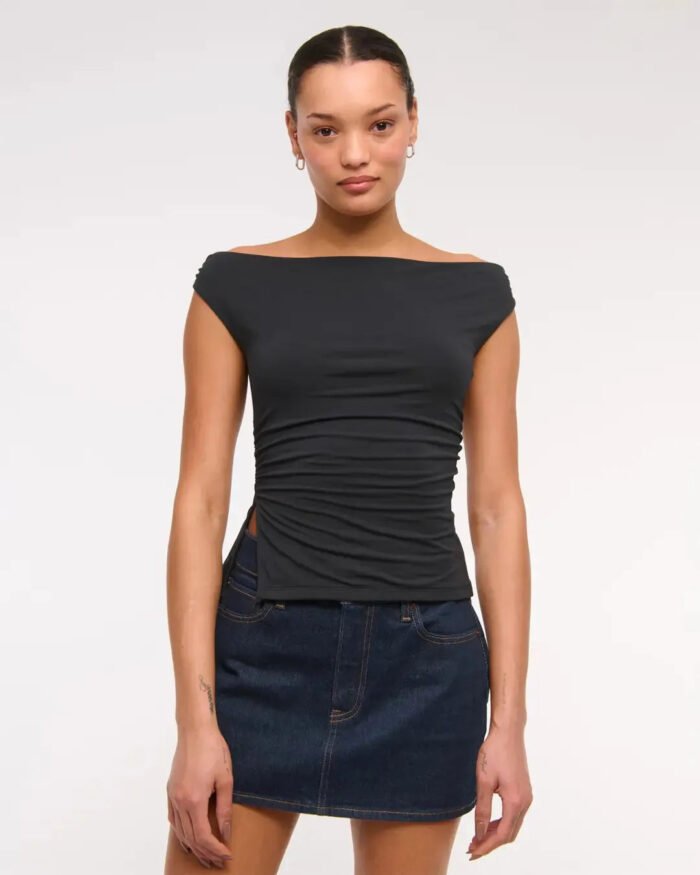 Solid Boat Neck Off Shoulder Top In Black