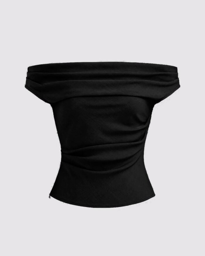 Solid Color Off-Shoulder Ruched Black Top