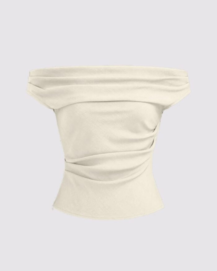 Solid Color Off-Shoulder Ruched Off White Top