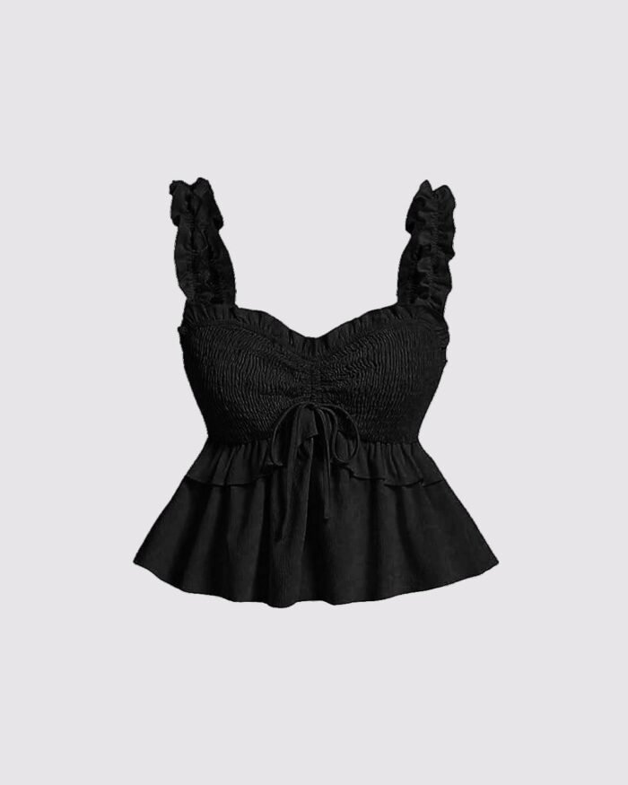 Solid Ruffle Front Tie Bow Sleeveless Black Crop Top