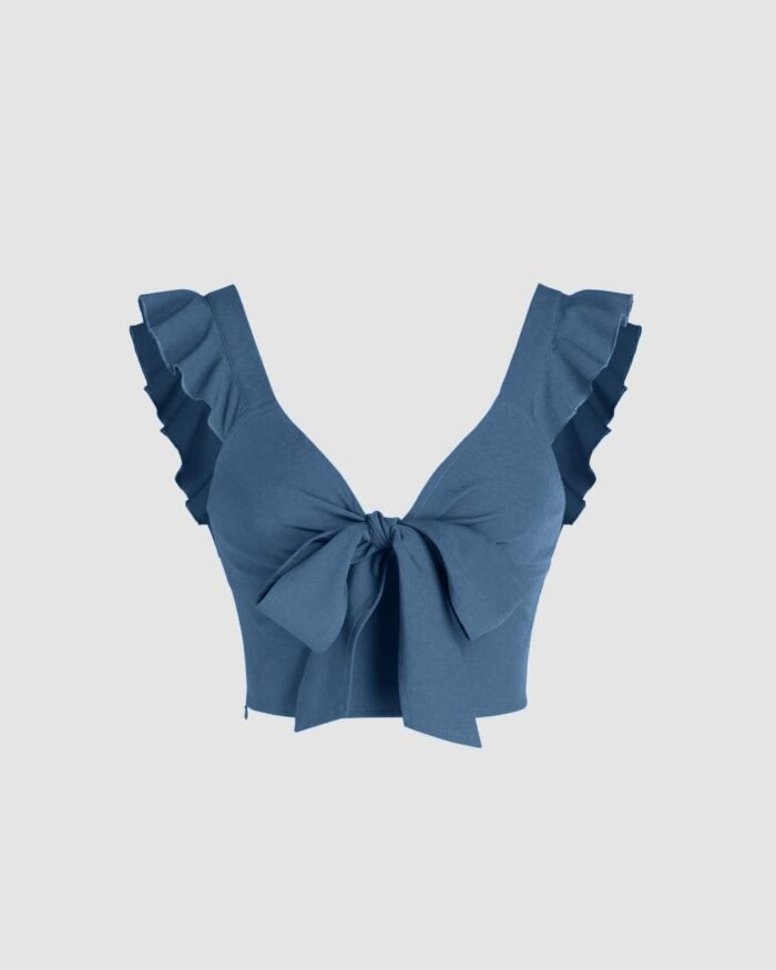 Solid V-Neck Ruffle Knotted Blue Crop Top