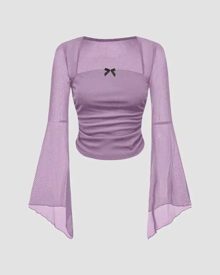 Square Neck Ruched Mesh Flared Long Sleeve Top in Purple