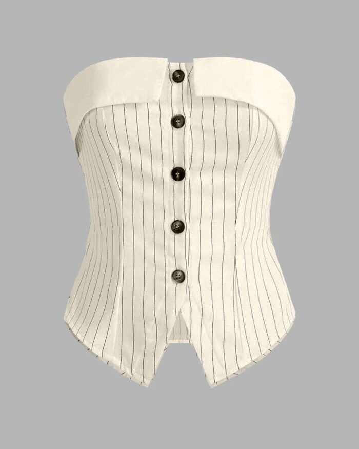 Striped Suit Off-White Fabric Button Front Bandeau Top