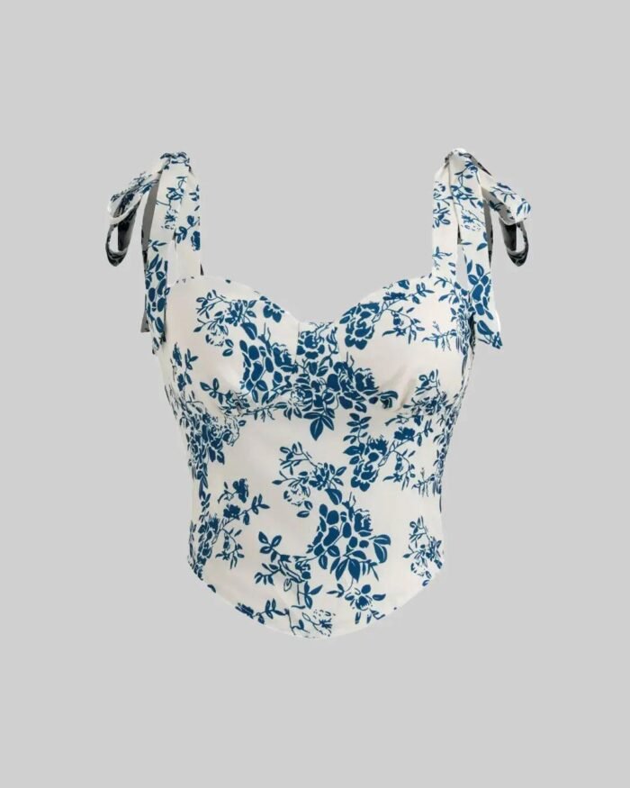 Sweetheart Floral Knotted Shirred Crop Tank Top