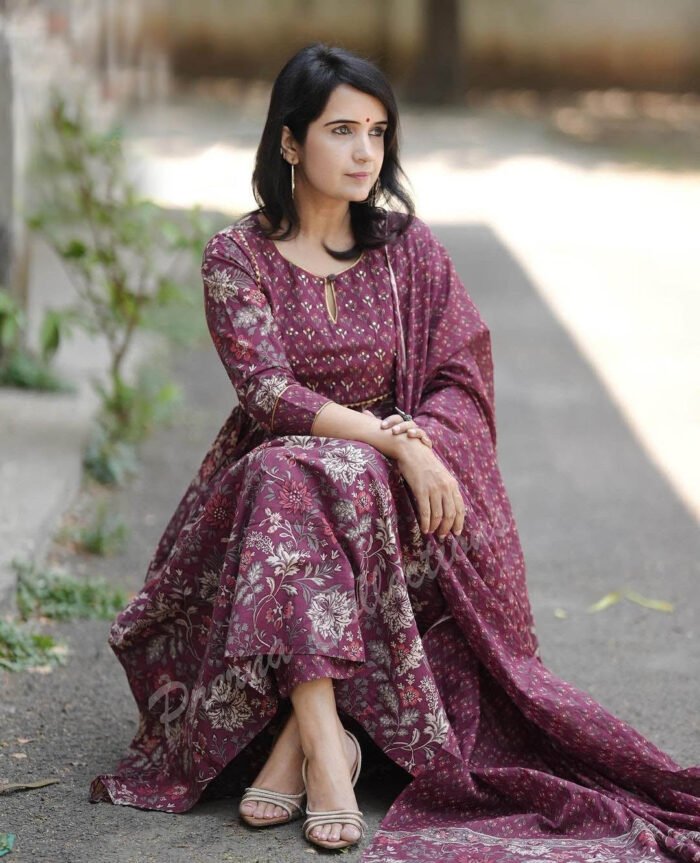 Women's Purple Rayon Flower Printed Anarkali Set