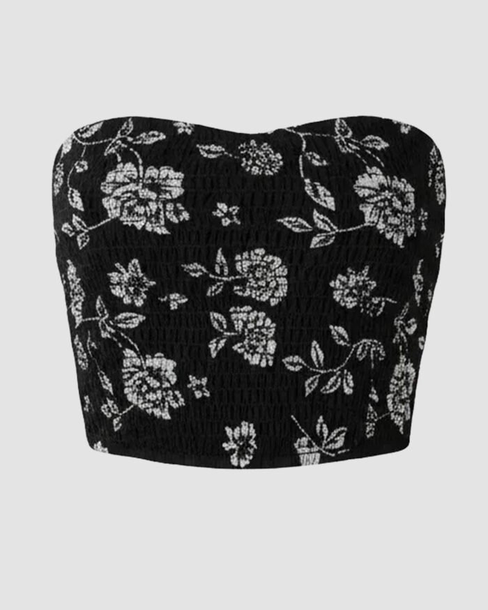 Mesh Floral Print Strapless Corset Top In Black