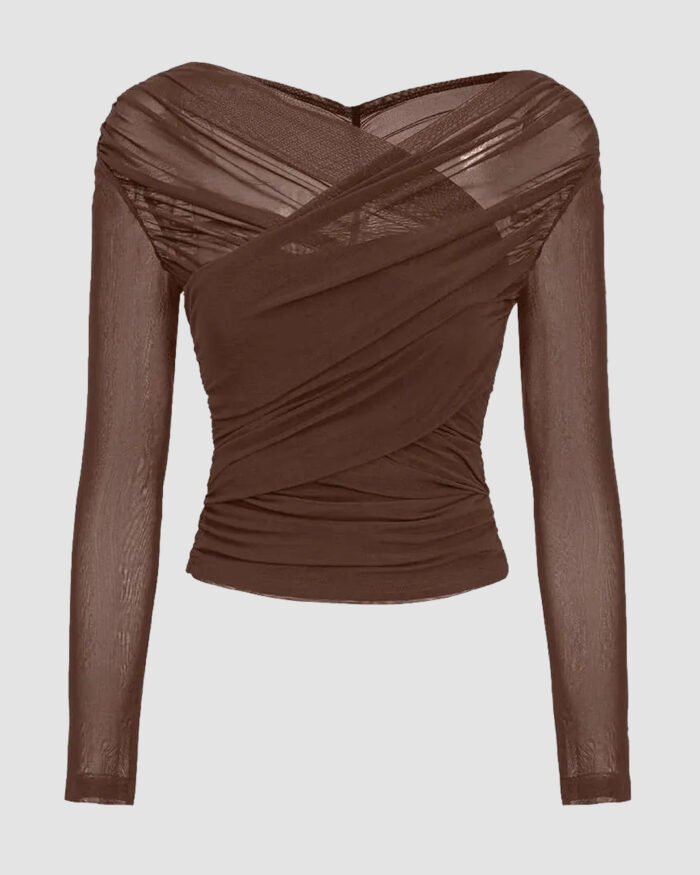 Sheer Mesh Long Sleeve Ruched Wrap Top In Coco Brown