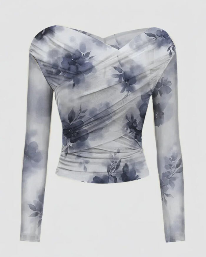 Floral Print Mesh Long Sleeve Fitted Top in Multi