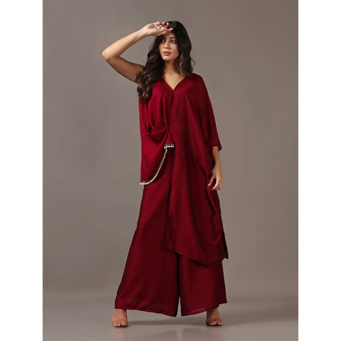 Hello Hi Maroon Asymmetrical Top with Flared Pants (Set of 2)