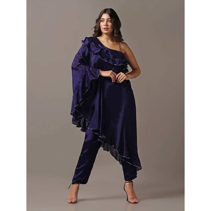 Hello Hi Navy Blue One Shoulder Frilled Top with Pants (Set of 2)