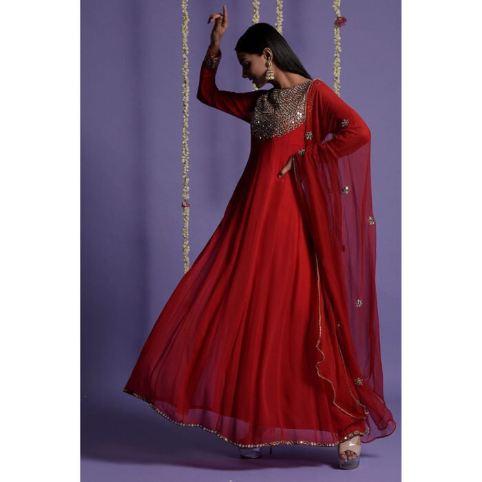 Hello Hi Red Georgette Mirror Work Embroidered Anarkali with Dupatta (Set of 2)
