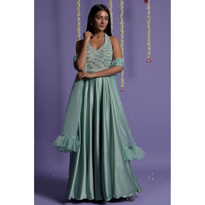 Hello Hi Sea Green Satin Sequin Embroidered Anarkali with Dupatta (Set of 2)