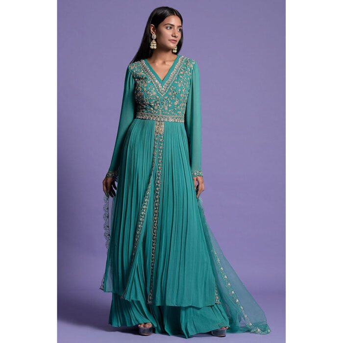 Hello Hi Green And Silver Anarkali Kurta & Dupatta with Gharara (Set of 3)