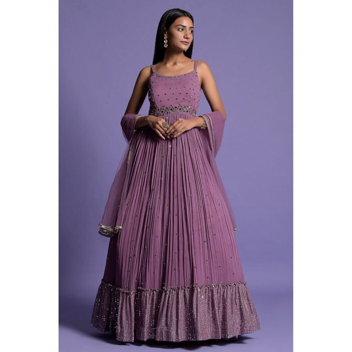 Hello Hi Dark Purple Georgette Mirror Work Anarkali Kurta & Dupatta (Set of 2)