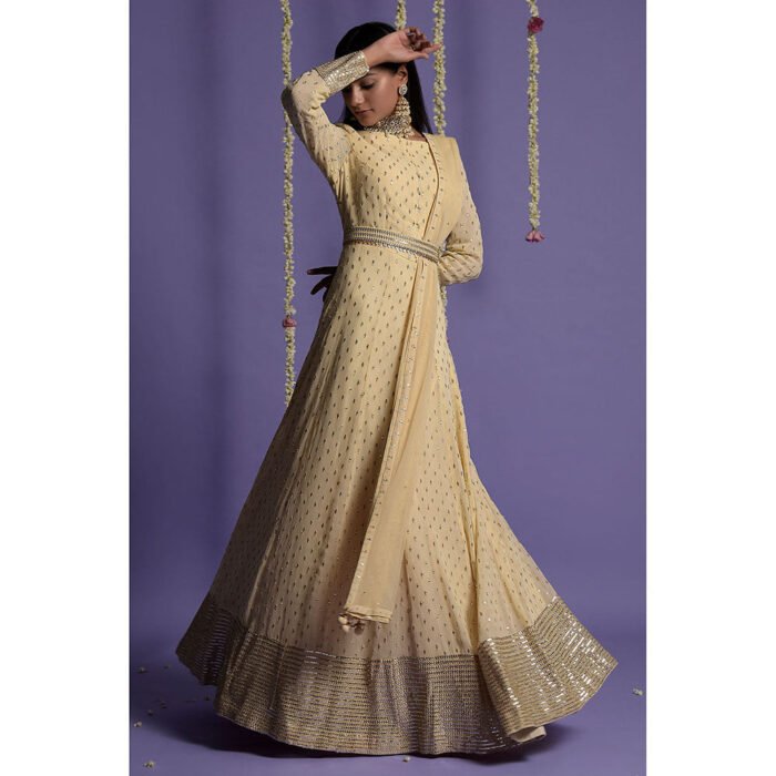 Hello Hi Cream Embroidered Anarkali Kurta & Dupatta with Belt (Set of 3)