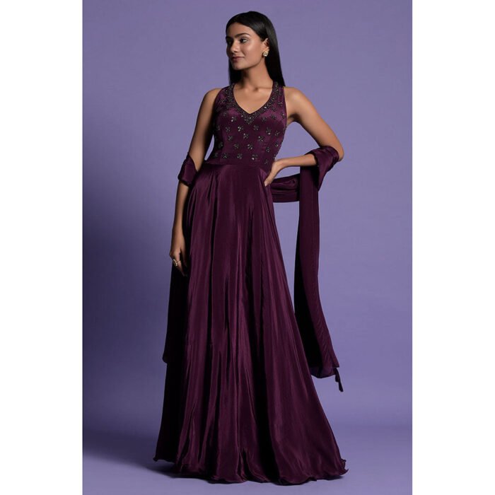 Hello Hi Purple Embroidered Crepe Anarkali Kurta & Dupatta (Set of 2)