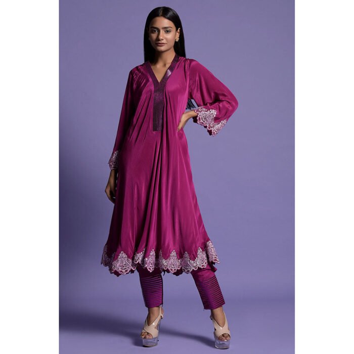 Hello Hi Wine Crepe Anarkali Kurta & Pant (Set of 2)