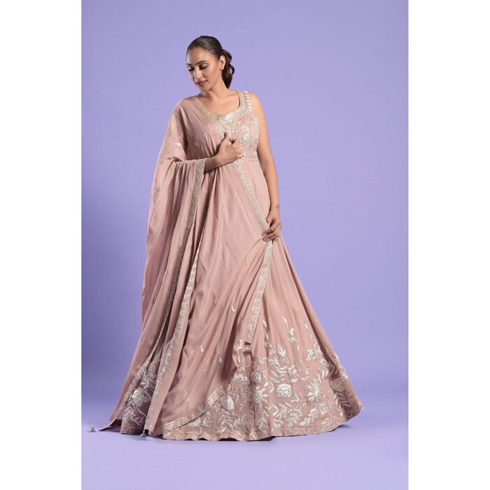 Hello Hi Nude Pink Embellished Silk Anarkali Kurta & Dupatta (Set of 2)