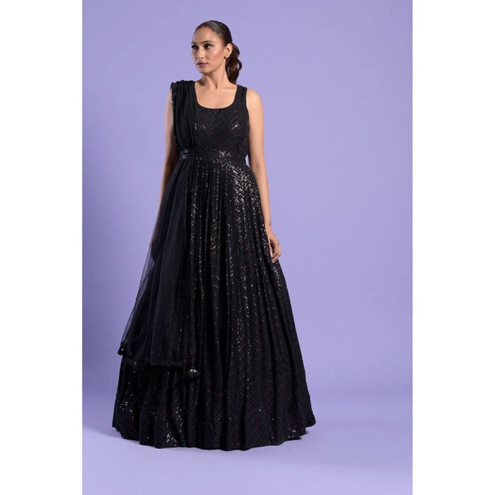 Hello Hi Black Embellished Anarkali Kurta & Dupatta with Belt (Set of 3)