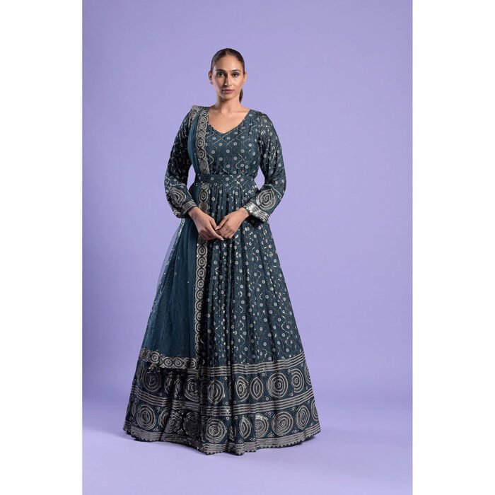 Hello Hi Teal Silk Printed And Anarkali Kurta & Dupatta with Belt (Set of 3)