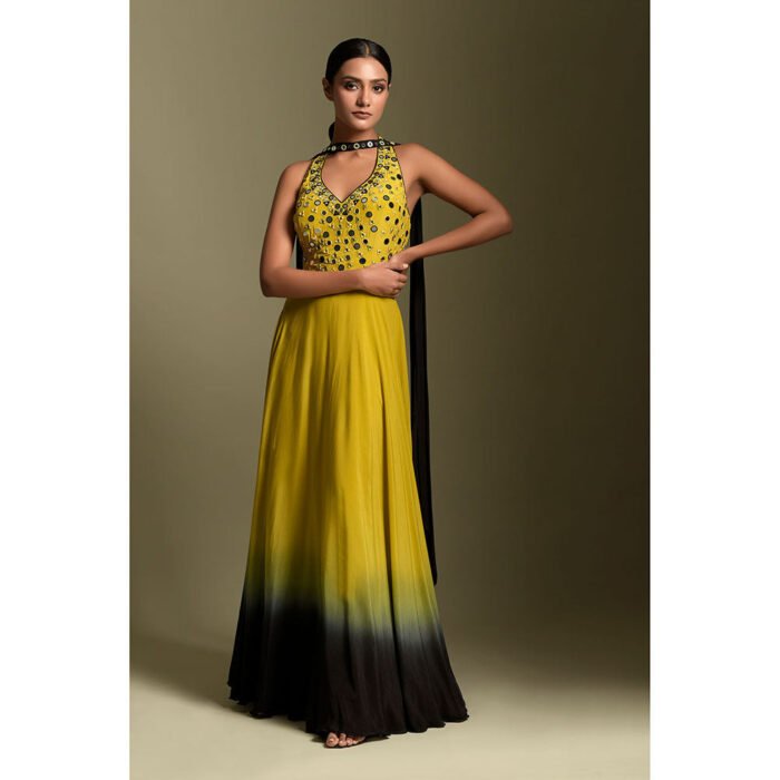 Hello Hi Yellow And Black Crepe Anarkali Kurta & Dupatta (Set of 2)