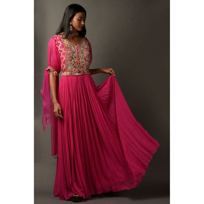 Hello Hi Hot Pink Anarkali Kurta & Dupatta with A Bandhani Yoke (Set of 2)
