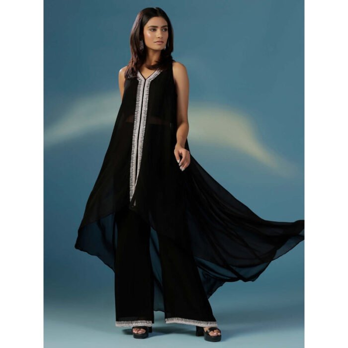 Hello Hi Black Halter Georgette Hand Embroidery Cut Daba Co-Ord (Set of 2)