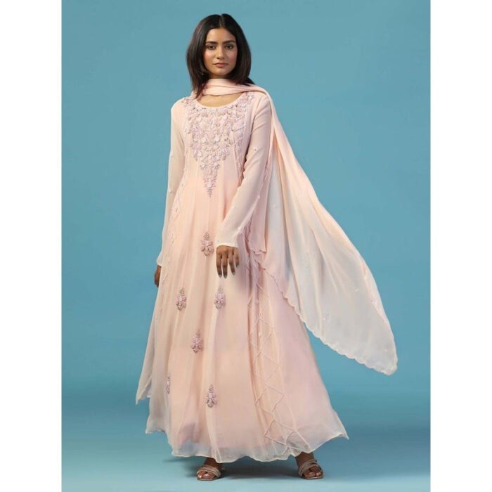 Hello Hi Pink Georgette Anarkali Kurta With Churidar Pant and Dupatta (Set of 3)