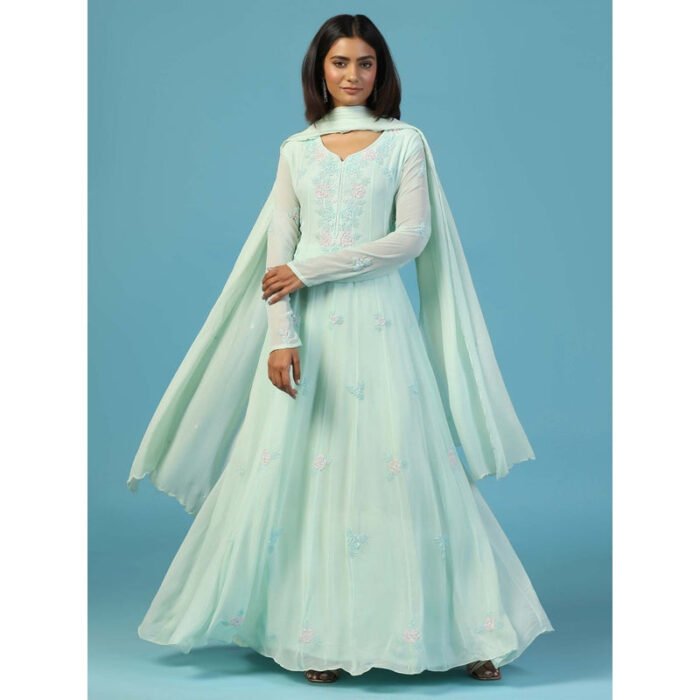 Hello Hi Soft Blue Anarkali Kurta With Churidar Pant and Dupatta (Set of 3)