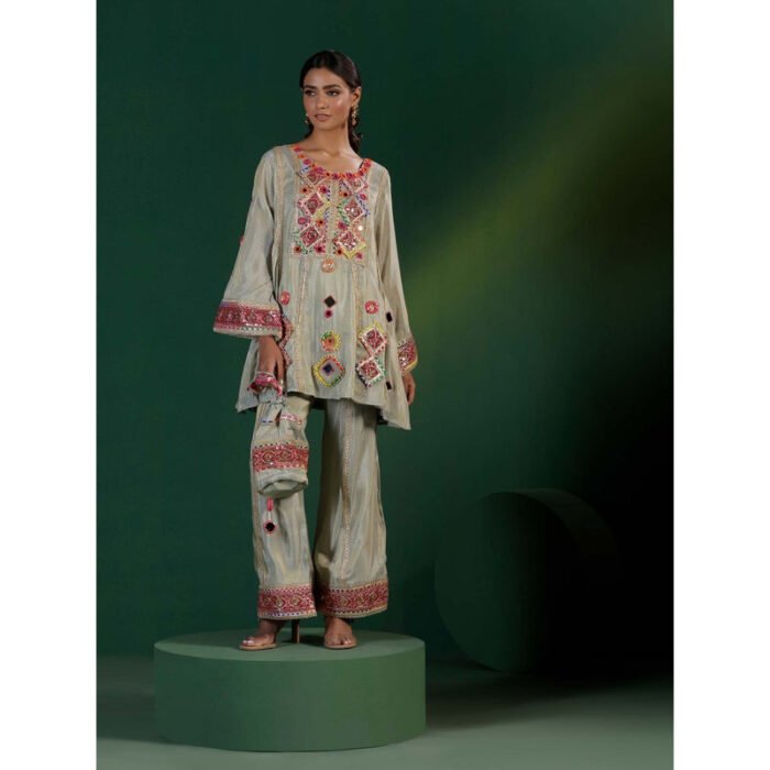Hello Hi The Banjara Grey Co-Mirror Thread Zari Embroidery Co-Ord (Set of 3)