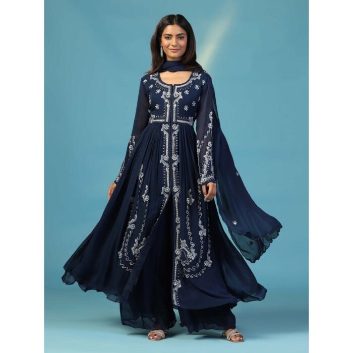 Hello Hi Navy Blue Georgette Anarkali Kurta with Palazzo and Dupatta (Set of 3)