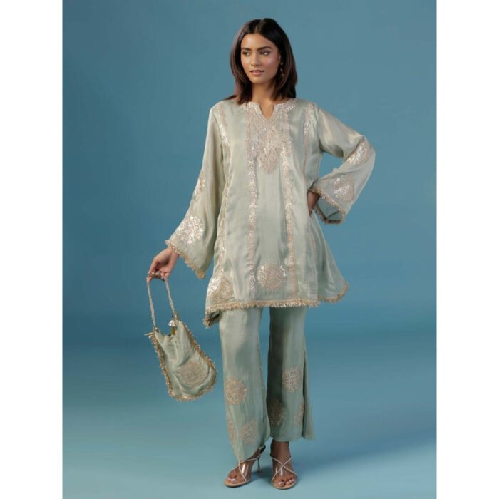 Hello Hi Pale Green Tissue With Golden Zari Thread Embroidery Co-Ord (Set of 3)