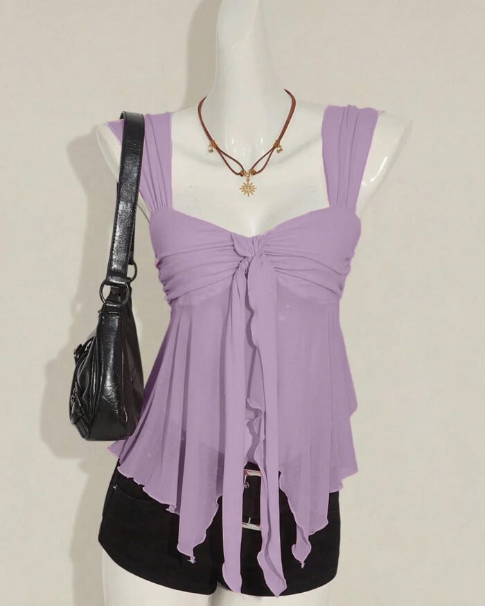 V-Neck Layered Ruffle Tie Front Sleeveless Top in Purple