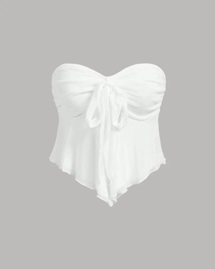 V-Neck Ruffle Trim Self-Tie Knot Cropped White Strapless Top